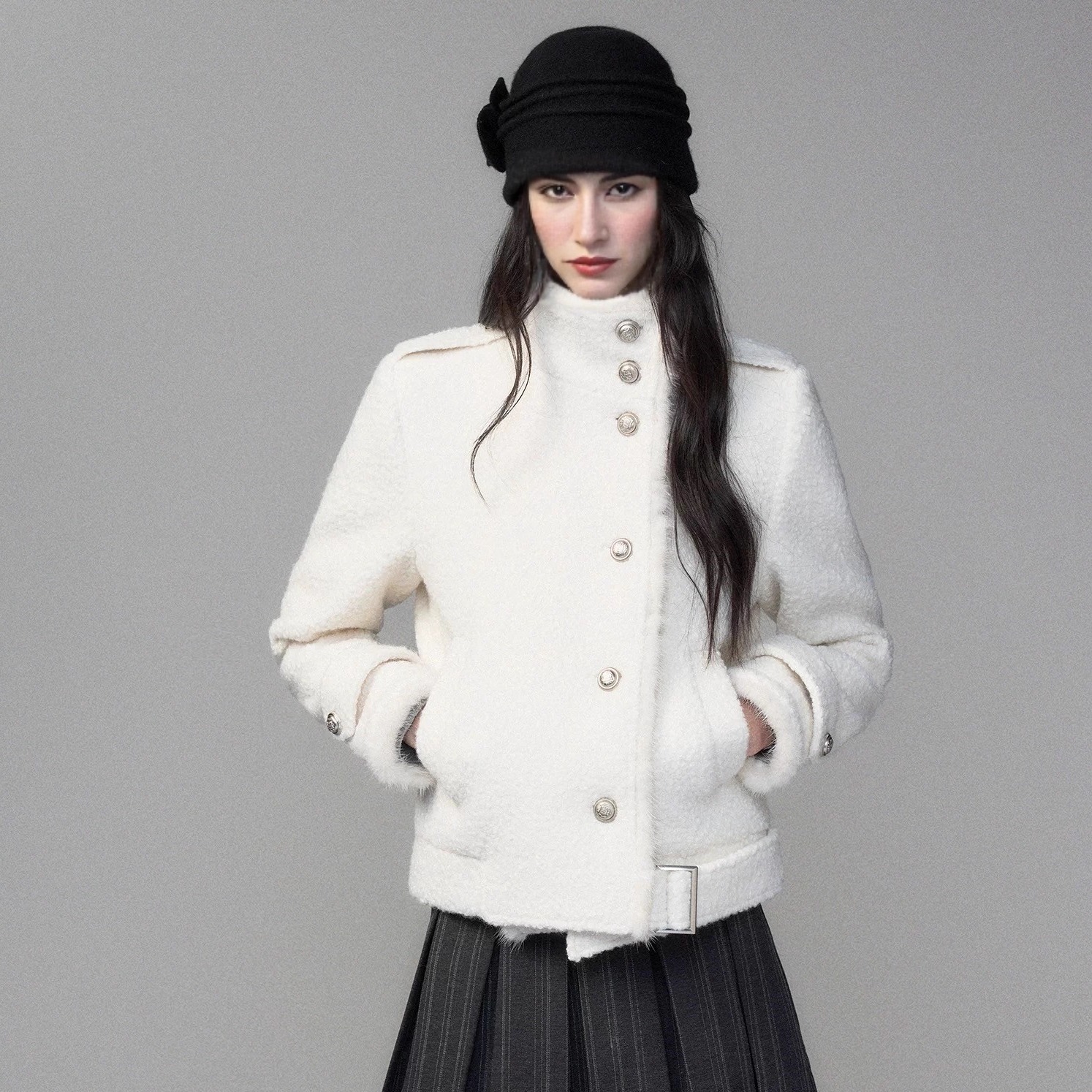 毛条拼接设计感立领毛呢外套