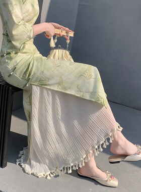旗袍搭配内搭衬裙流苏半身裙中长款百褶裙气质蕾丝网纱裙仙女裙子