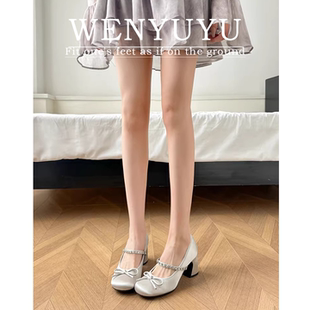 蝴蝶结水钻一字带圆头高跟玛丽珍单鞋 银色小香风女鞋 2025春秋新款