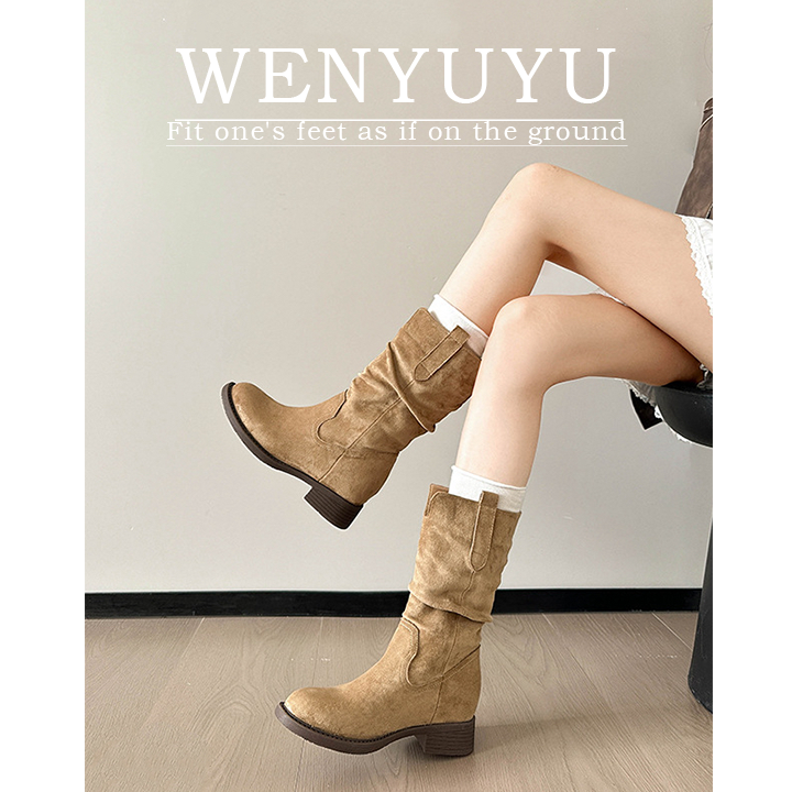 复古西部牛仔短靴女2025秋冬新款中筒靴气质百搭粗跟堆堆靴骑士靴,女鞋,西部靴,淘宝优惠券,粉丝福利购,淘宝优惠卷