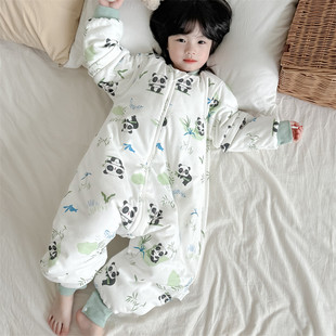 儿童夹棉睡袋秋冬男女宝宝纯棉加厚分脚防踢被可拆袖 薄棉连体睡衣