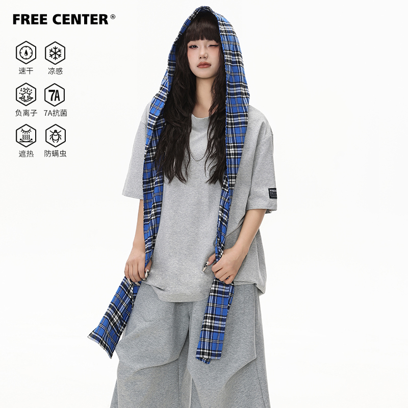 Free Center280g凉感7A抗菌短袖T恤男女款假两件格子拼接连帽上衣