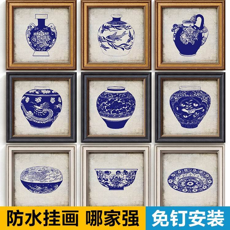 中国风青花瓷新中式三联装饰画书房玄关客厅餐厅沙发背景墙壁挂画图片