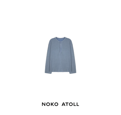 【NOKO】26SS/  做旧洗水 华夫格亨利领慵懒宽松长T