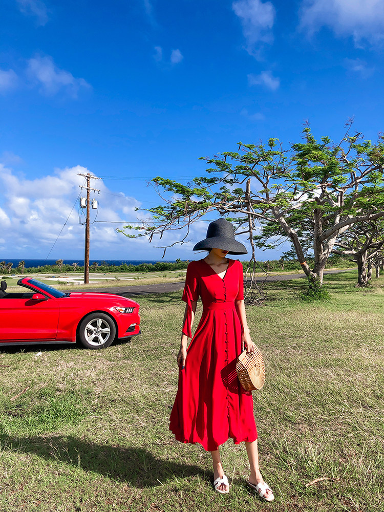 2021 new beach skirt women seaside vacation long dress thin meat tea card salt lake red chiffon dress