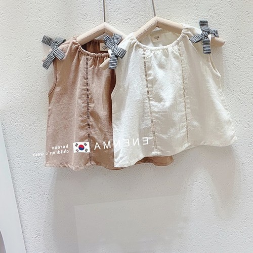 2022夏季款无袖衬衣儿童宽松时尚童装女童棉麻蝴蝶结简约气质衬衫