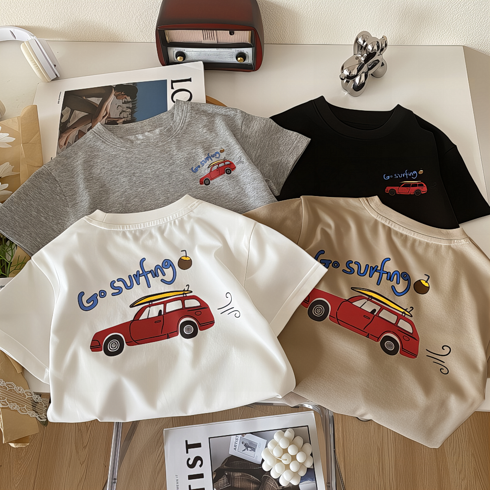 男童短袖T恤亲子汽车印花韩版白色纯棉上衣宝宝儿童男孩夏装男T