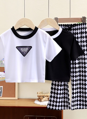 2024时尚宝百200402CZ套装+小童男女短T格子阔洋腿-GBG搭新款夏季