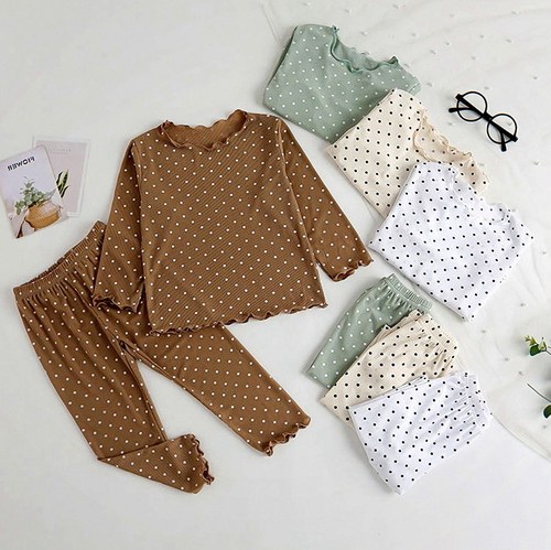 春秋款长袖套装圆点洋气时尚睡衣女童长裤两件套家居服小童空调服