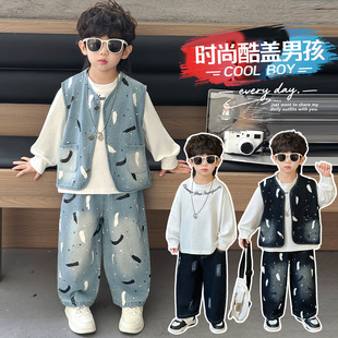 男童秋季套装2025新款洋气儿童牛仔裤子马甲三件套男宝宝秋装衣服
