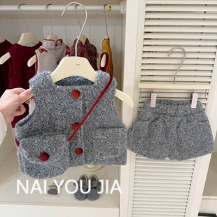 【奶油】千金风冬季女宝宝灰色呢子马甲短裤过年洋气时髦套装跨境