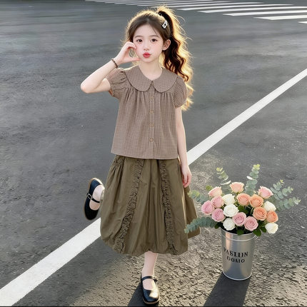 女童夏季套装时髦娃娃领短袖衬衫女韩系格纹两件套夏装新款童套装