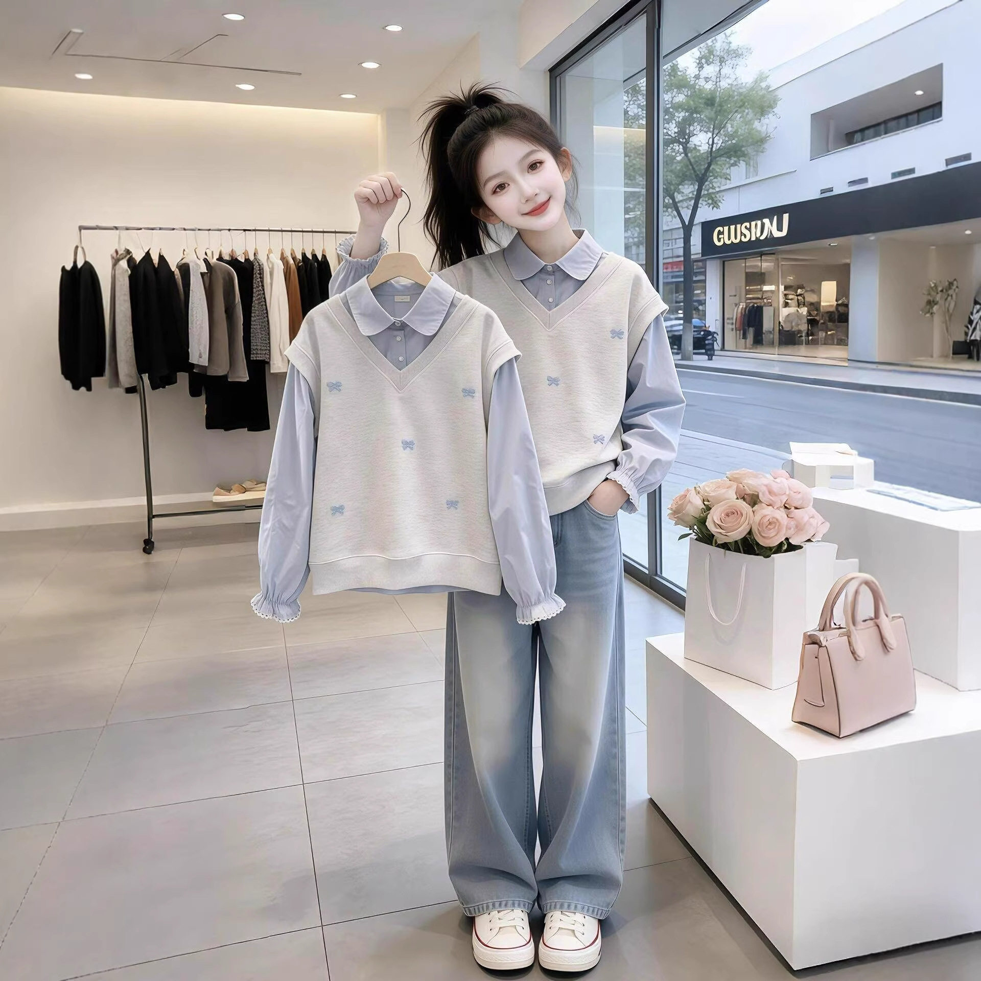 初中生女童假两件卫衣春秋新款儿童衬衫领上衣春装女孩洋气polo衫