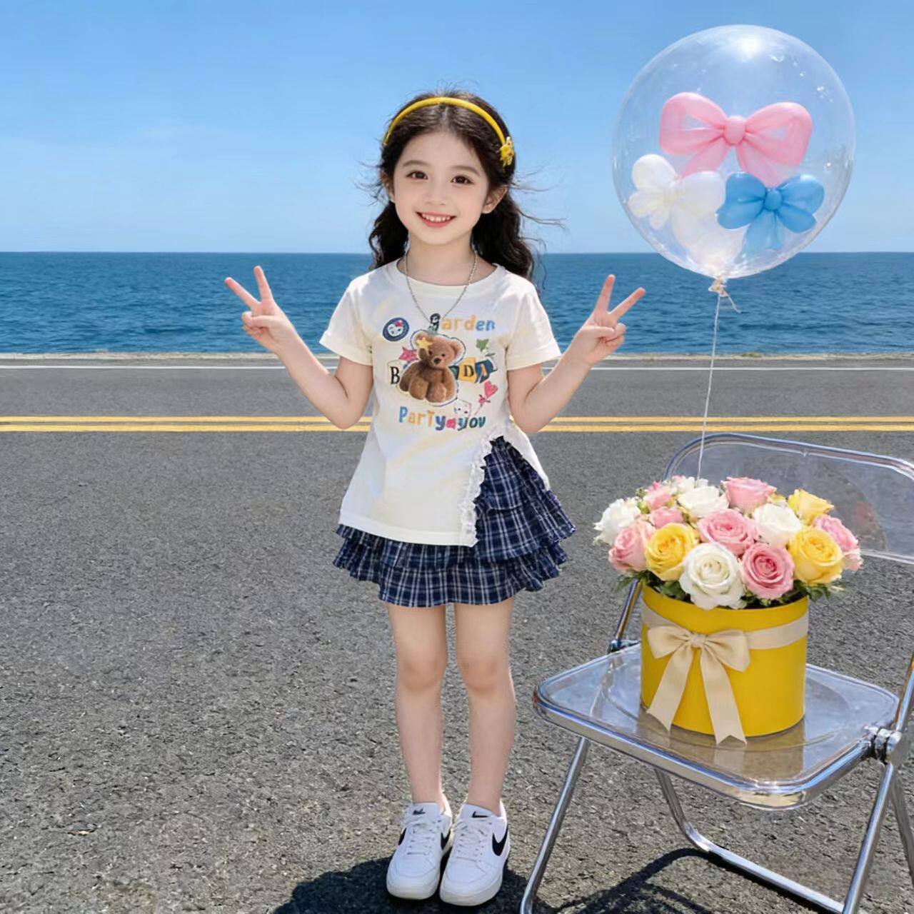 2026韩版夏季新款女童T恤衫上衣印花开叉短袖格子百褶裙套装洋气