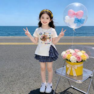 2026韩版夏季新款女童T恤衫上衣印花开叉短袖格子百褶裙套装洋气