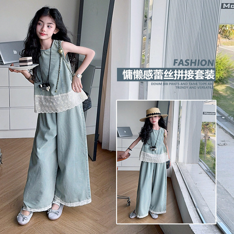女童装夏季牛仔套装2026新款洋气薄款女孩夏装无袖阔腿裤两件套潮