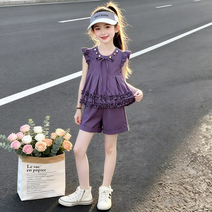 女童夏季套装时髦洋气亲肤显白花边飞飞袖两件套夏装新款儿童套装