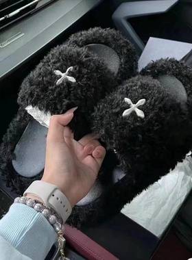 气球丝绒十字架毛毛拖鞋女外穿2025秋冬仙女风加绒厚底一字拖鞋女