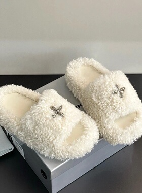 高品质！2025年新款白色十字架毛毛拖鞋女外穿厚底增高一字拖鞋女