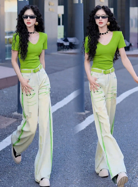 2026春夏新款女装时尚休闲套装绿色短袖T恤破洞直筒牛仔裤两件套