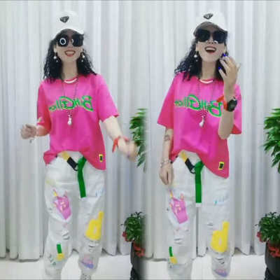 洋气粉红色长裤T恤时尚休闲女装