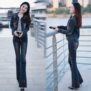 2026春秋款 子女国风刺绣时尚 复古修身 洋气牛仔短外套两件套 微喇裤