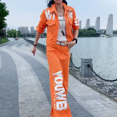 欧洲站2025春秋时尚套装洋气潮流时髦显瘦减龄牛仔阔腿裤女两件套