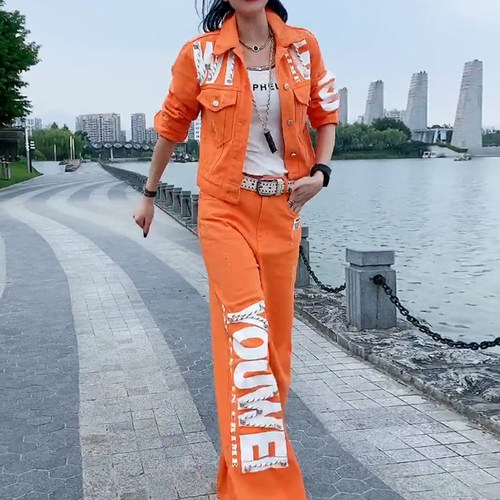 欧洲站2025春秋时尚套装洋气潮流时髦显瘦减龄牛仔阔腿裤女两件套