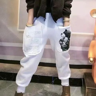 欧货潮牌红色加绒运动裤垮裤女花卫裤时尚个性白色哈伦裤子女裤