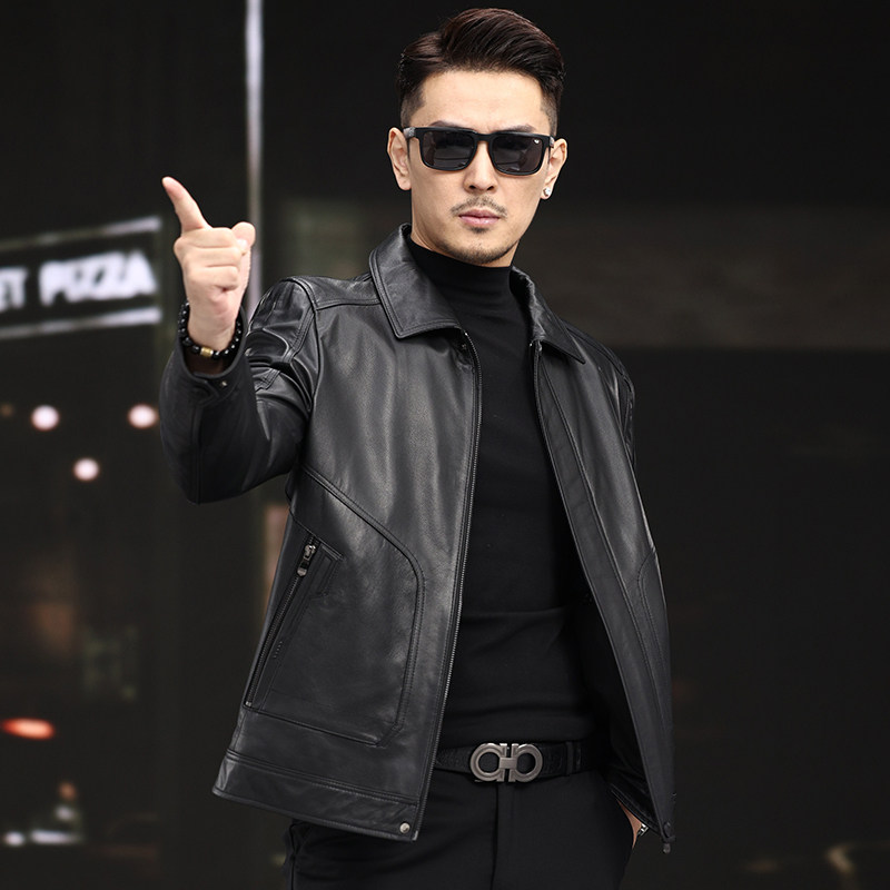 真皮皮衣男头层小牛皮短款夹克新款可脱卸羽绒羊毛领外套翻领休闲
