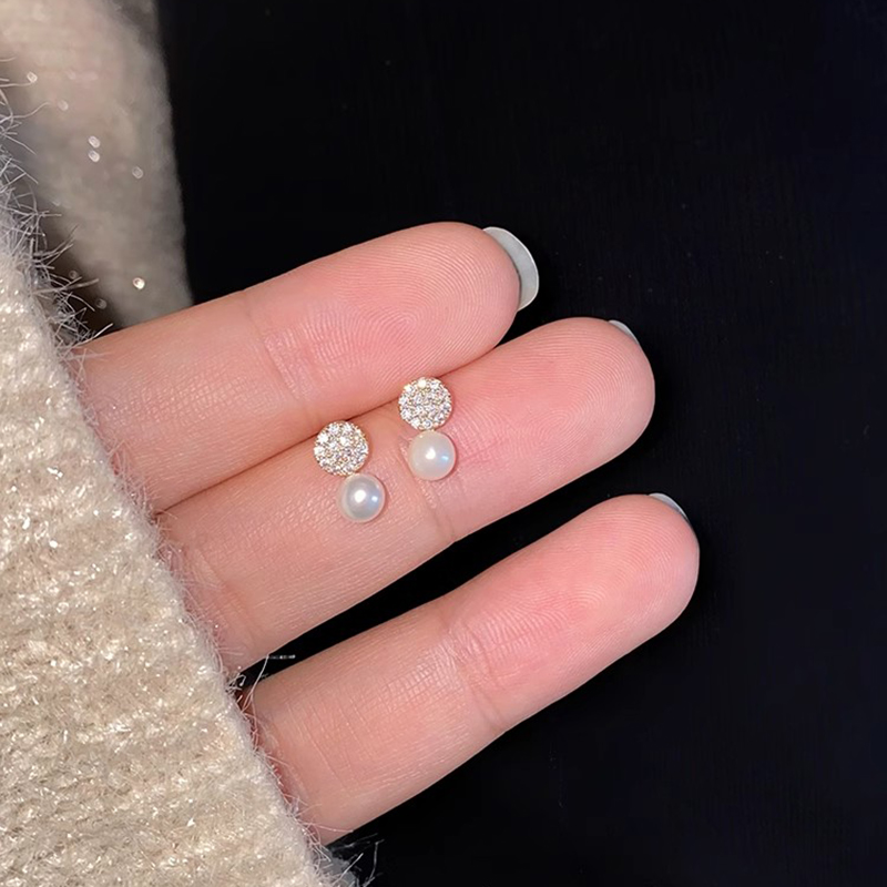 925银针满钻锆石珍珠耳钉