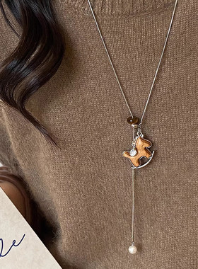 时尚木质小马吊坠抽拉项链