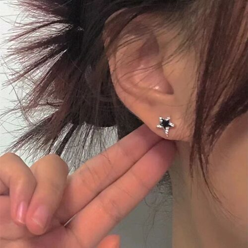 925银针黑白星星耳钉超闪