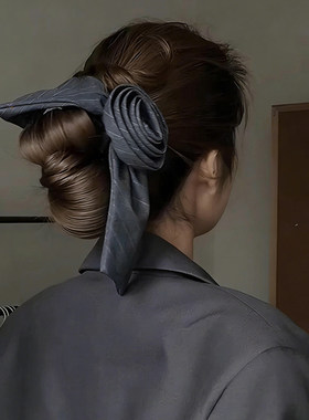 灰色玫瑰花飘带发圈韩系高智感千金西装面料发饰大肠发圈新款发饰