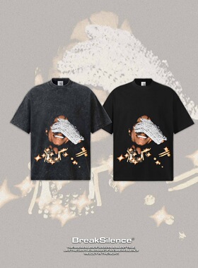 Michael Jackson美式街头数码直喷印花水洗做旧宽松纯棉短袖T恤男