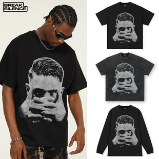 欧美潮牌拳击人像印花T恤男美式复古水洗宽松300g重磅棉情侣短袖