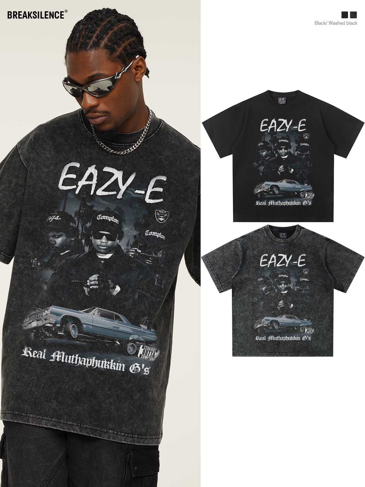 美式嘻哈Eazy-E直喷印花短袖T恤男街头复古oversize宽松纯棉半袖