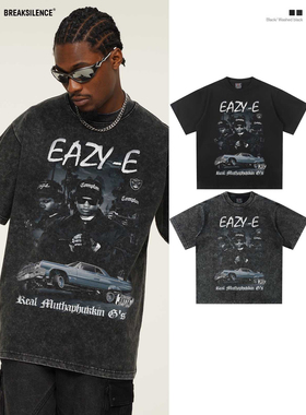 美式嘻哈Eazy-E直喷印花短袖T恤男街头复古oversize宽松纯棉半袖