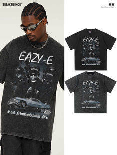 T恤男街头复古oversize宽松纯棉半袖 E直喷印花短袖 嘻哈Eazy 美式