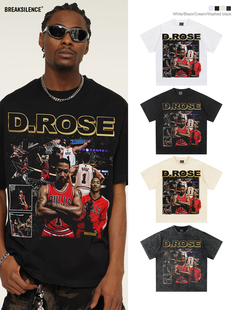 罗斯篮球球星短袖T恤男女美式水洗做旧重磅纯棉小领口宽松体恤潮