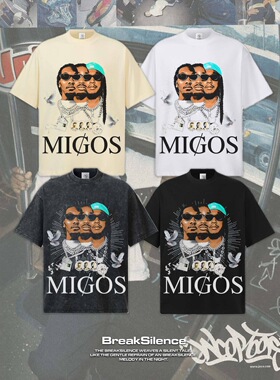 Migos 《Culture》美式嘻哈印花水洗做旧短袖T恤男女宽松纯棉半袖