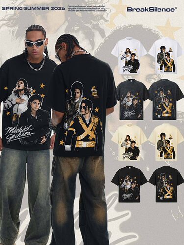 MichaelJackson美式复古做旧直喷印花300G重磅纯棉宽松短袖T恤男