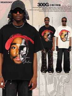 2025夏季新款Tupac人物印花水洗做旧潮牌t恤男重磅纯棉小领口短袖