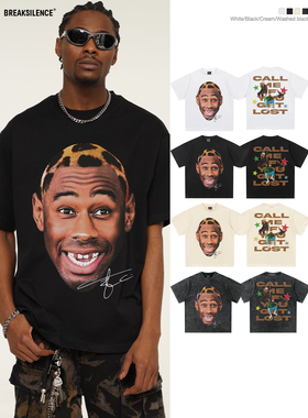 美式复古嘻哈GLOF印花短袖T恤男街头潮流宽松300g纯棉小领口半袖