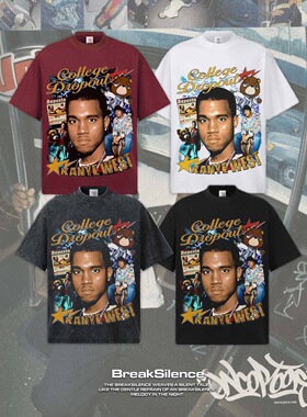 坎耶 维斯特 College Dropout 美式复古重磅纯棉宽松短袖T恤男女