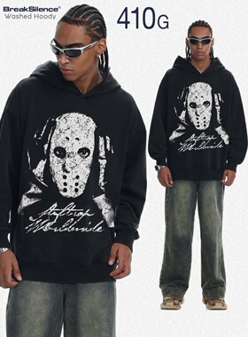 美式复古街头嘻哈YE数码直喷印花水洗做旧重磅宽松百搭连帽卫衣男