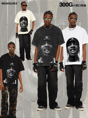 欧美嘻哈AsapRocky人物印花短袖T恤男女300g重磅纯棉宽松情侣半袖