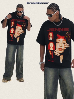 美式复古Jennie数码直喷300G炒雪花短袖T恤男女潮牌宽松纯棉半袖