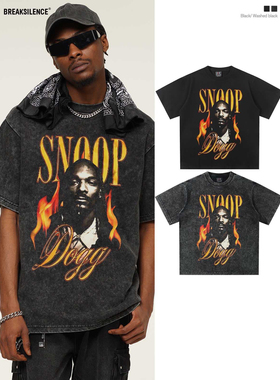 2025夏季新款SnoopDogg做旧水洗短袖男美式重磅纯棉小领口潮牌t恤