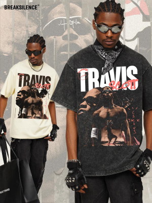 欧美潮牌TravisScott印花短袖T恤男水洗做旧300g重磅纯棉宽松半袖